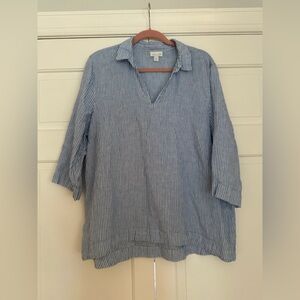 J. Jill Light Blue Striped Love Linen v neck popover 3/4 sleeves top size XL